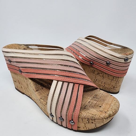 Lucky Brand Wedge Sandals Women 7.5M Kayla Pink Canyon Clay Ombre Stripe Cork - Picture 2 of 10